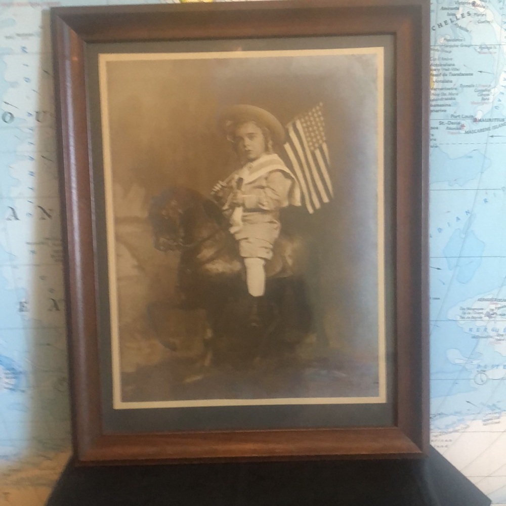 Patriotic boy on horse antique framed photograph circa 1920 pro framed